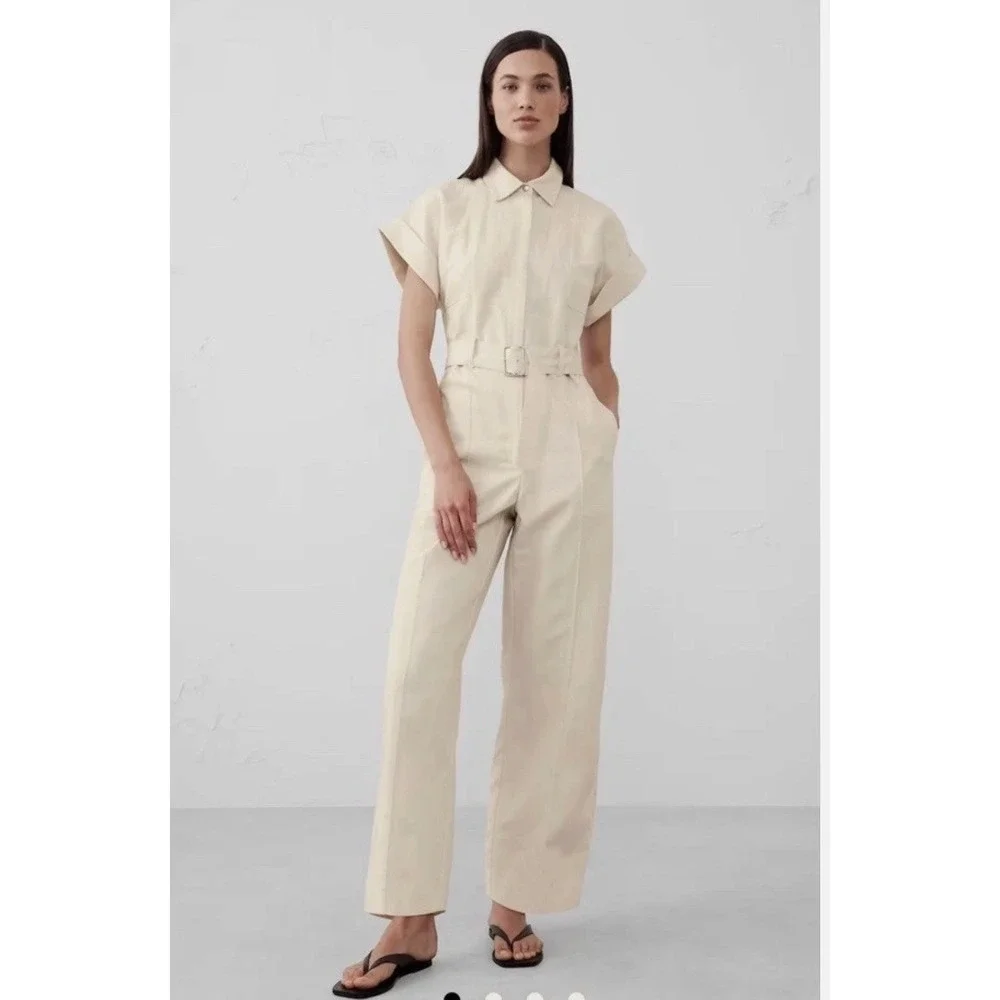 Banana Republic Jumpsuit Womens Small Beige Linen Cotton Belted Wide Leg
